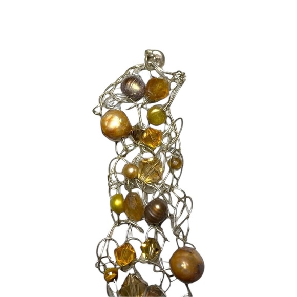 Silver Tone Crotched Wire Freshwater Pearl Crystal Beaded Bead Bracelet - Picture 6 of 6